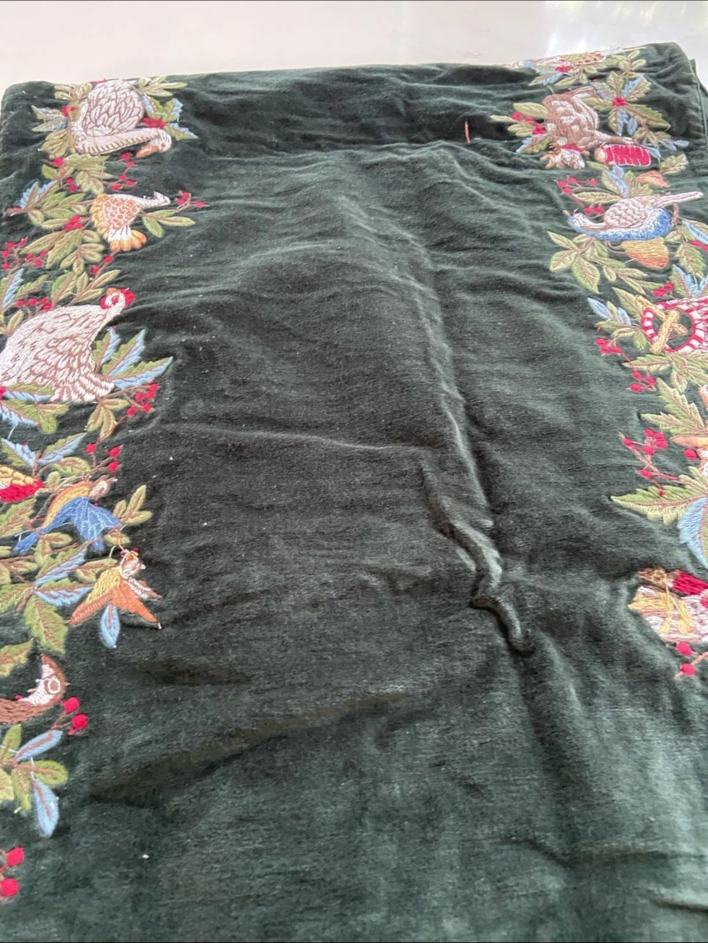 Embroidered Velvet Table Runner in Deep Forest Green.. pottery barn runner